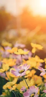 A vibrant flower field under a warm sunset glow, featuring pink and yellow blossoms.