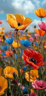 Vibrant flower field with colorful blossoms in the sunlight.