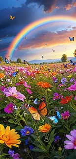 Colorful wildflower meadow with butterflies under a rainbow.