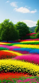 Vibrant flower fields with colorful blooms and lush green trees.