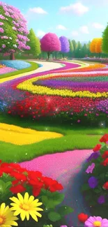 Colorful flower garden wallpaper with vibrant pathway and lush trees.