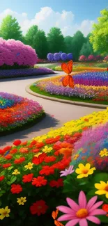 Colorful flower garden with winding path and vibrant blooms.