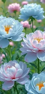Vibrant peony blooms in a lush garden setting.