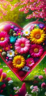 Vibrant heart-shaped flower arrangement wallpaper.
