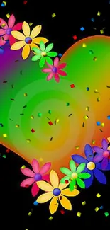 Colorful heart with flowers on black background wallpaper.