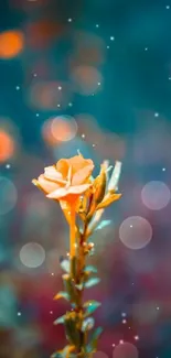 Vibrant golden flower with a blurry teal background, creating a dreamlike effect.