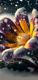 Vibrant purple and orange flower with snowflakes, artistic mobile wallpaper.