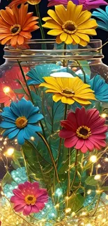 Jar filled with colorful flowers and lights on dark background.