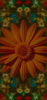 Orange flower kaleidoscope pattern wallpaper.