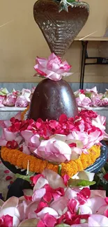 Shivling adorned with pink petals and vibrant flowers.