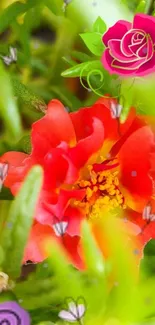 Vibrant red flower surrounded by green foliage on a mobile wallpaper.