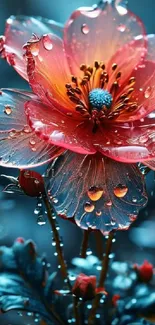 Vibrant red flower with water droplets on petals