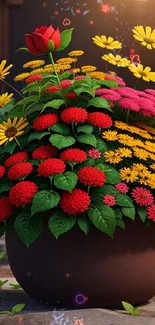 Vibrant pot of flowers with red, yellow, and green hues in a garden setting.