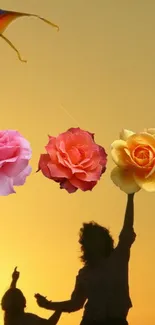 Silhouette with roses under a golden sky in mobile wallpaper.