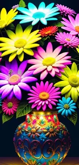 Colorful digital art of flowers in a vibrant vase.