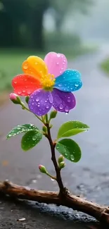 Dew-covered vibrant flower with colorful petals on a path.