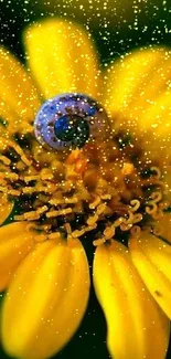 Close-up of a vibrant yellow flower with a snail on petals.