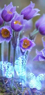 Purple flowers with glowing butterflies, serene and elegant.