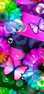 Colorful wallpaper featuring vibrant flowers, butterflies, and bubbles.