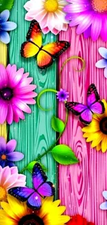 Colorful flowers and butterflies on wooden background wallpaper.