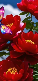 Red flowers and a colorful butterfly on a mobile wallpaper.