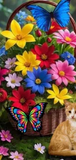 A basket of colorful flowers with butterflies and a cat.