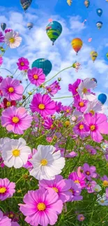 Pink and white flowers beneath colorful hot air balloons in a blue sky.