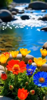 Vibrant flowers bloom by a serene stream.