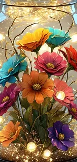 Colorful flowers illuminated in a glass jar against a dark background.