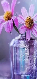 Pink flowers in a glass vase with raindrops mobile wallpaper.