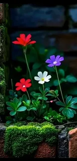 Colorful flowers against a brick wall with green moss.