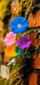Vibrant flowers on a dewy brick wall.