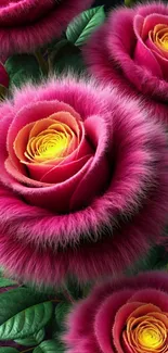 Vibrant mobile wallpaper with fluffy pink and yellow roses.
