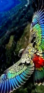 Colorful parrot in flight over lush forest scenery.