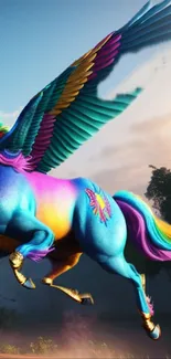 Vibrant blue Pegasus with rainbow wings flying at sunset.