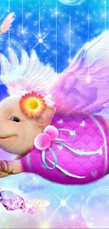 Fantasy flying pink pig with wings and flowers wallpaper.