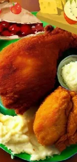 Fried chicken meal on a green plate with a colorful dessert image.