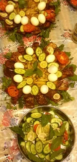 Festive food table with vibrant salads and vegetables.