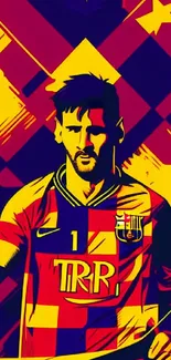 Vibrant football art wallpaper with stylized player in bold colors.