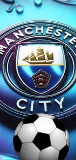 Manchester City football club emblem with soccer ball.