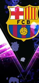 Vibrant football club emblem with neon patterns and purple accents on a digital wallpaper.