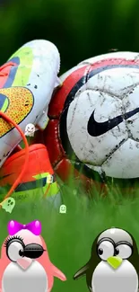 A football and colorful shoes on green grass with animated penguins.