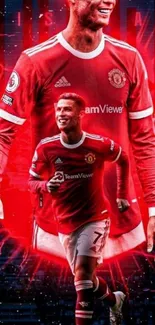 Dynamic football star in red Manchester jersey on vibrant wallpaper.