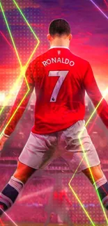 Vibrant football player standing with neon lights and red jersey.