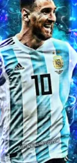 Vibrant football star in Argentina jersey with cyan background.