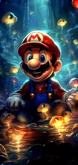 Character in forest with glowing mushrooms and red hat.