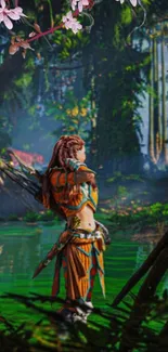 A warrior stands in vibrant forest scenery.