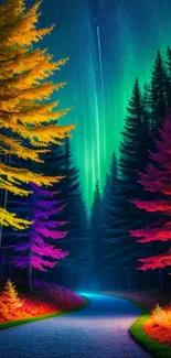 Vibrant forest under aurora with colorful trees at night.