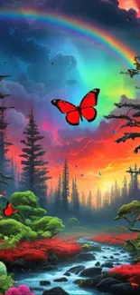 Vibrant forest with colorful butterflies and rainbow sky wallpaper.