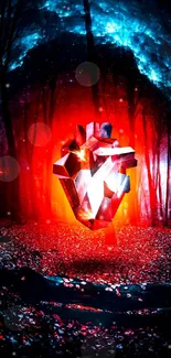 Vibrant crystal heart glowing in a dark forest.